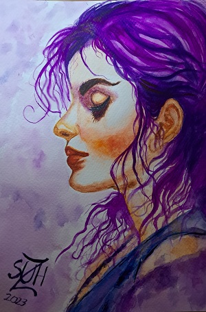 The Purple Haired Lady watercolor paper painting